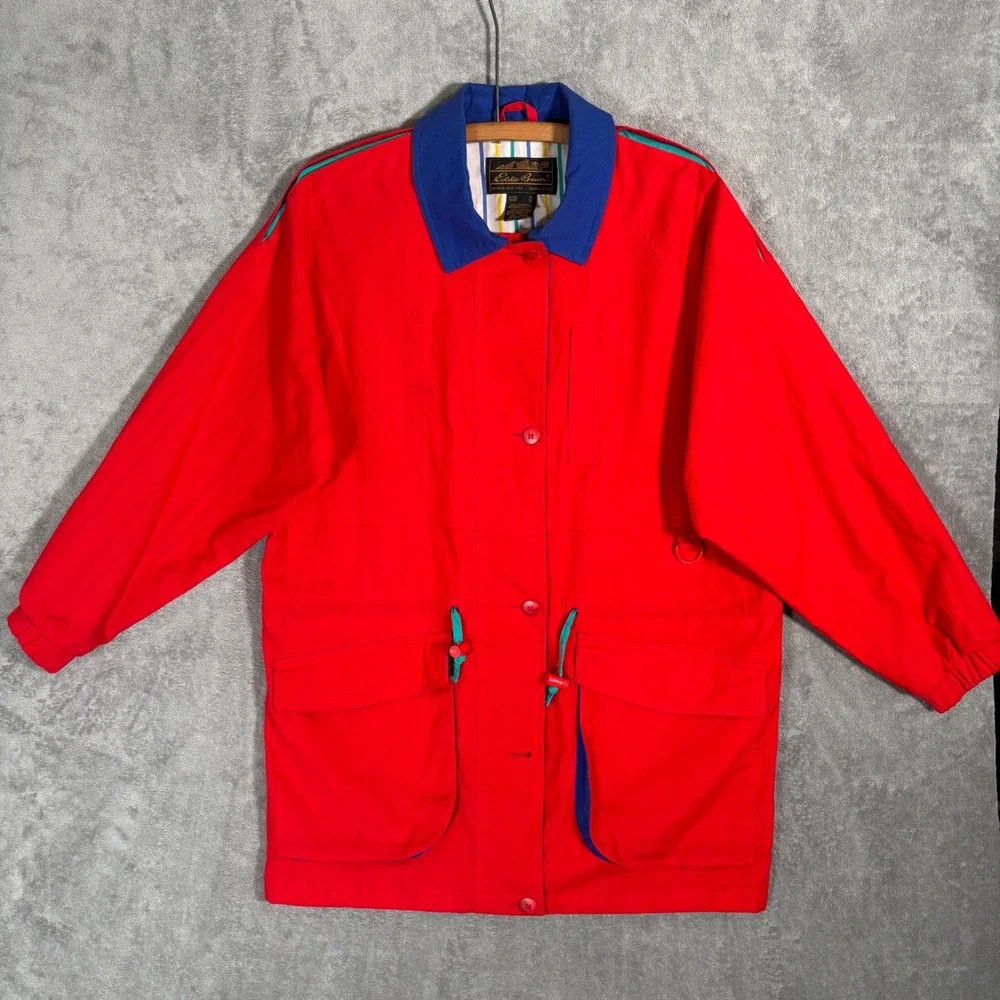 Eddie Bauer Vintage 90s Red Colorblock Cotton‎ Parka Jacket Womens Medium Retro